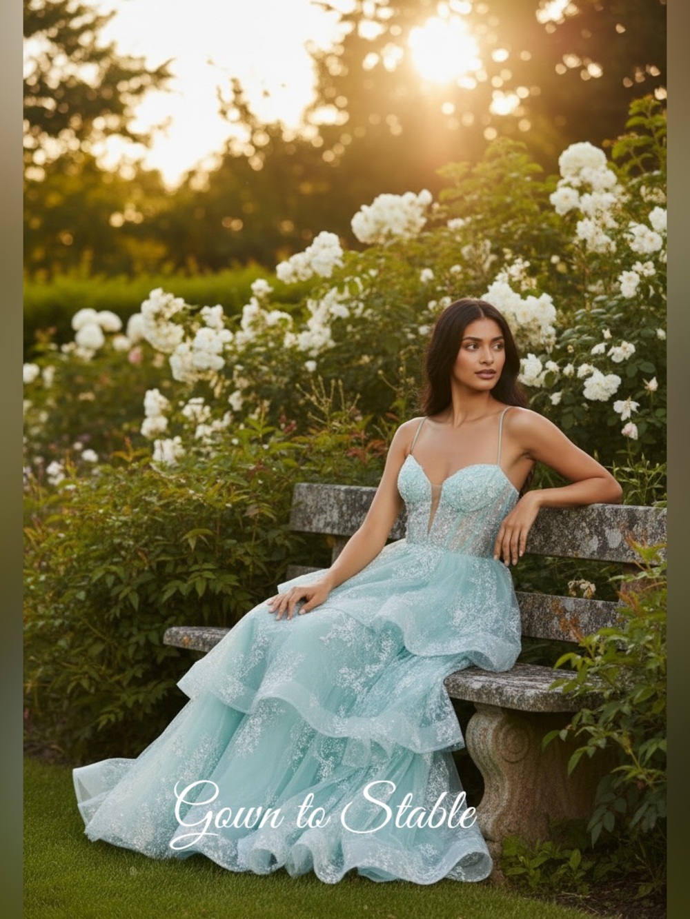 Mac Duggal Spaghetti Strap Applique Tiered Ruffle Gown in Mint
